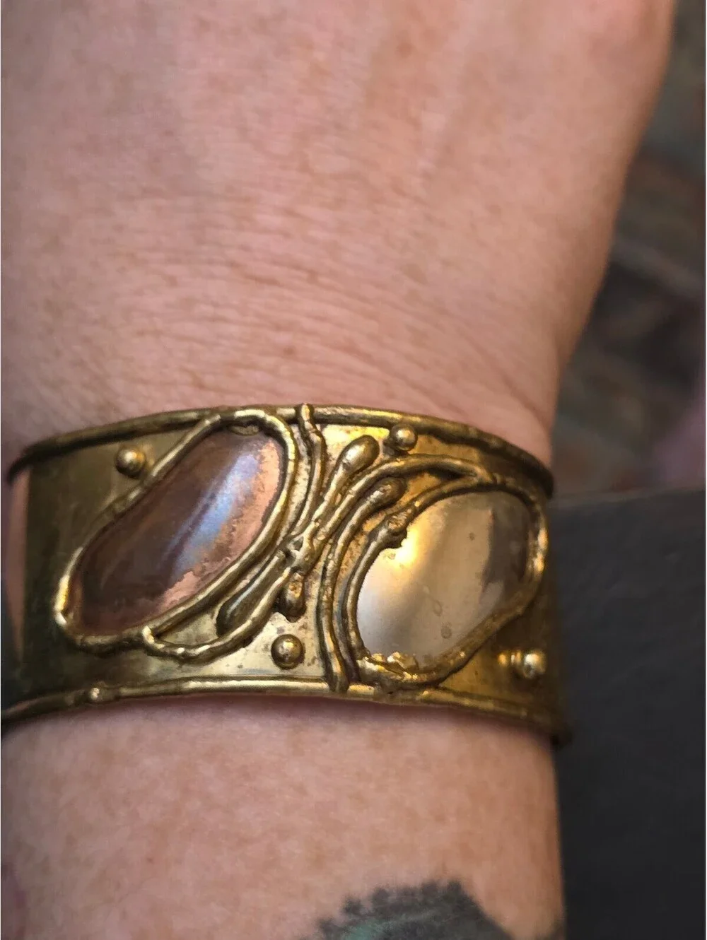 Vintage Artisan Brutalist Mixed Metal Brass Wide Cuff Bracelet Studio Modernist